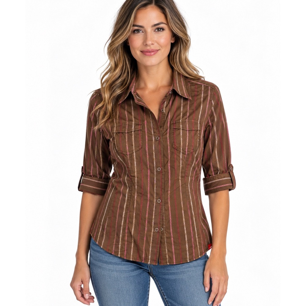 The North Face Women's Medium Brown Pink Stripe Roll Tab Button Shirt
